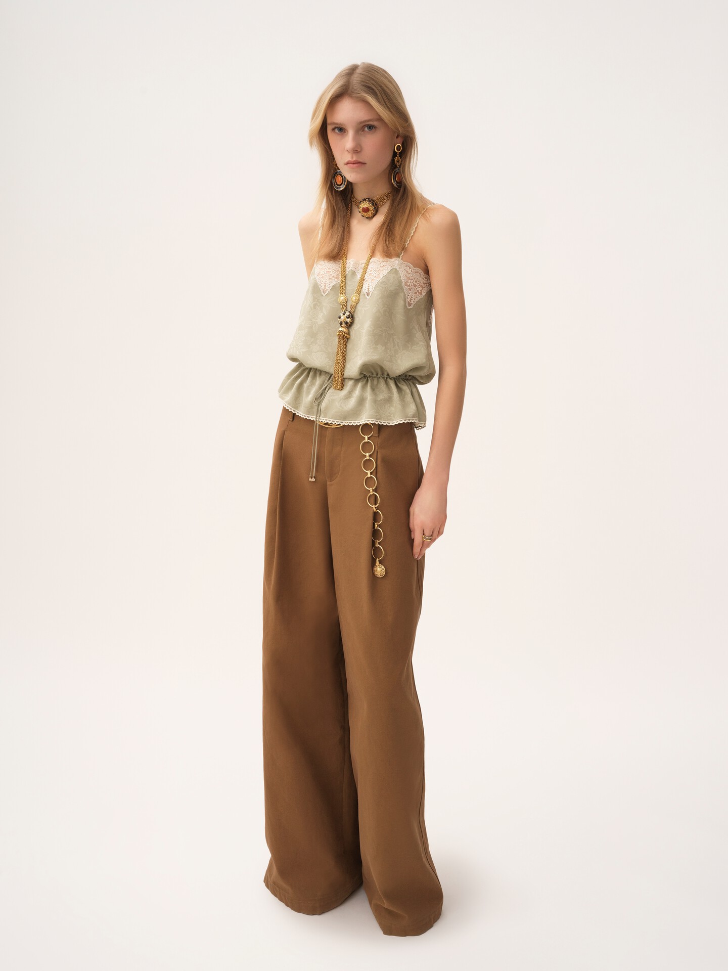 Drawstring camisole top in silk jacquard & lace - 3