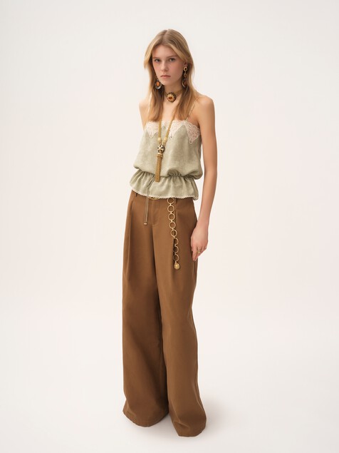 Drawstring camisole top in silk jacquard & lace