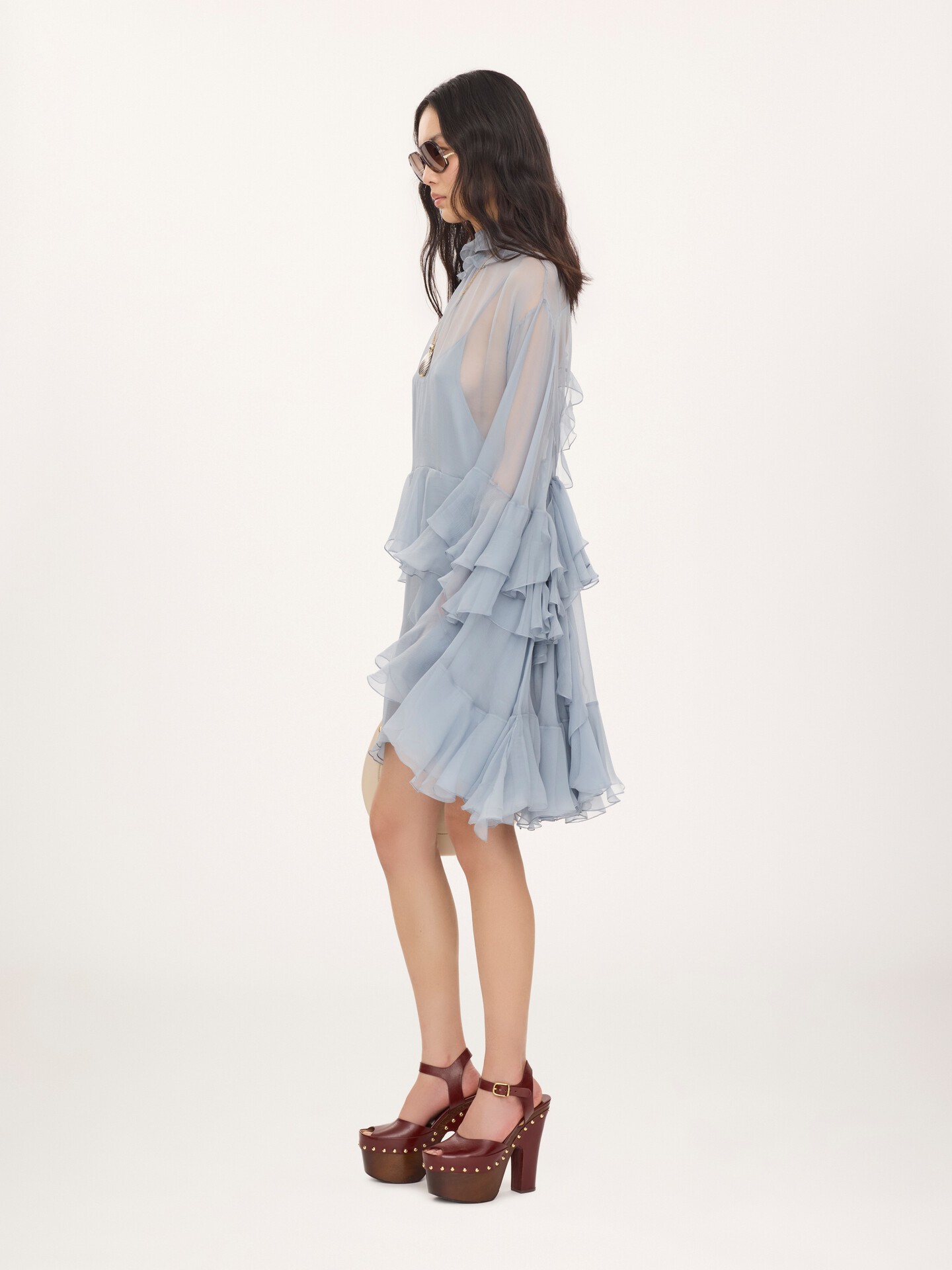 Ruffled mini dress in silk mousseline - 5