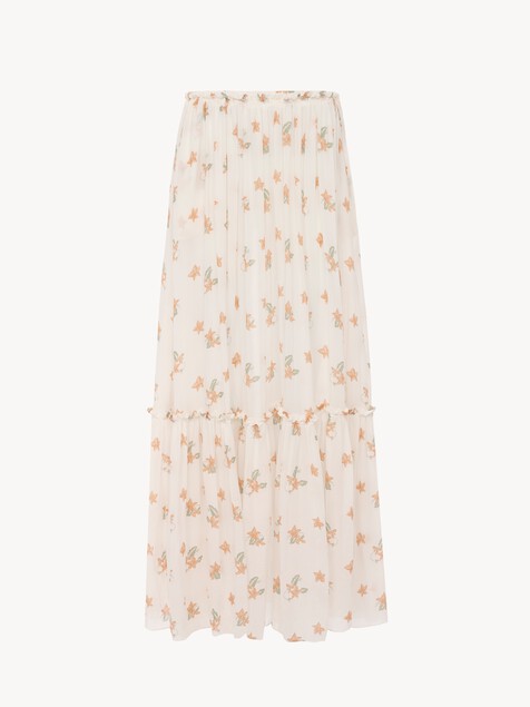 Gathered long skirt in silk charmeuse