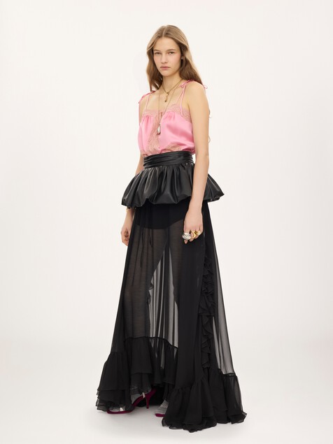 Drawstring camisole top in washed silk satin & lace