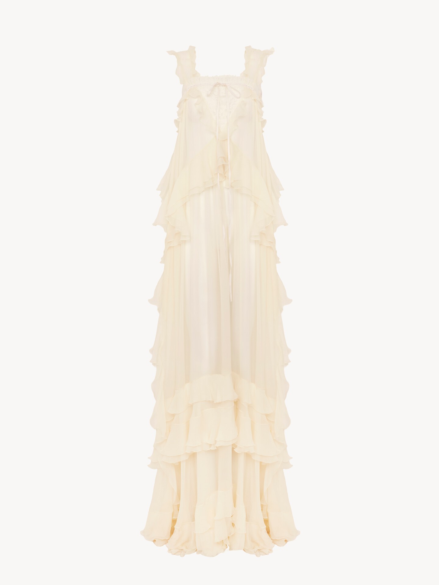 Sleeveless layered long dress in silk mousseline & lace - 2