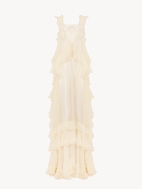 Sleeveless layered long dress in silk mousseline & lace