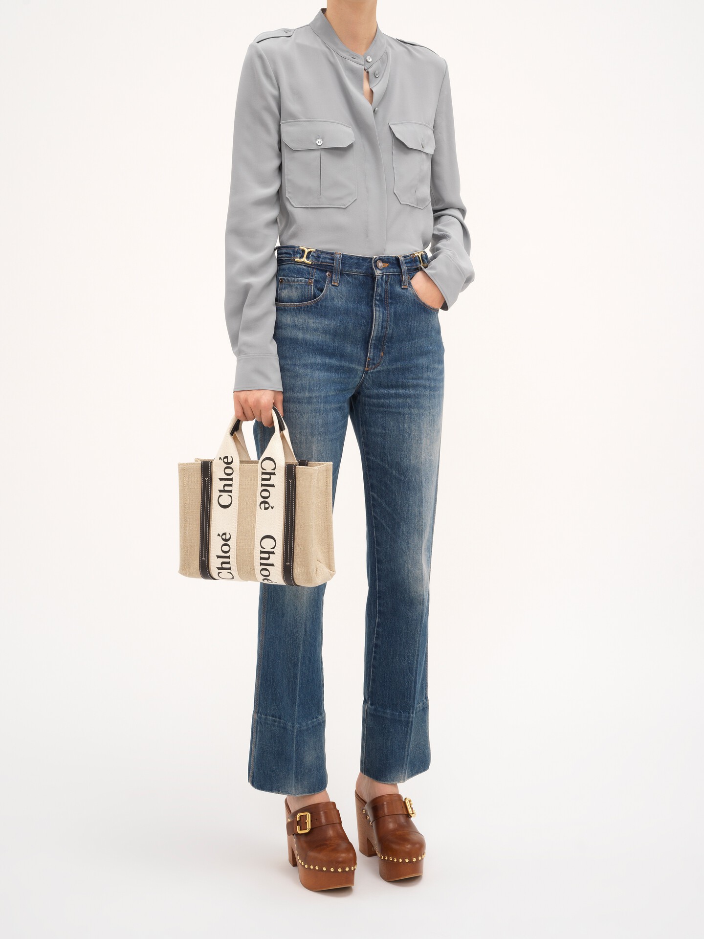 Small Woody tote bag in linen - 4