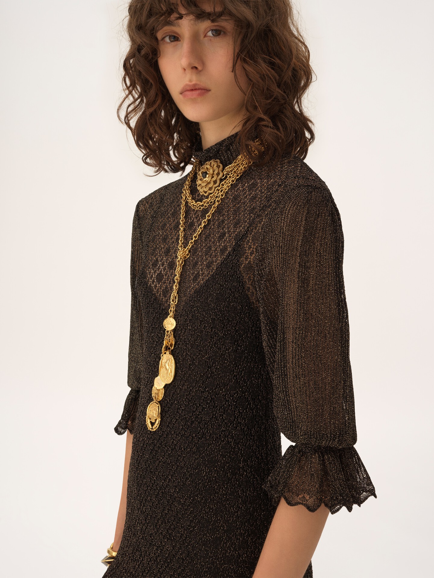 Ruffled puff-sleeve mini dress in a lurex knit - 4