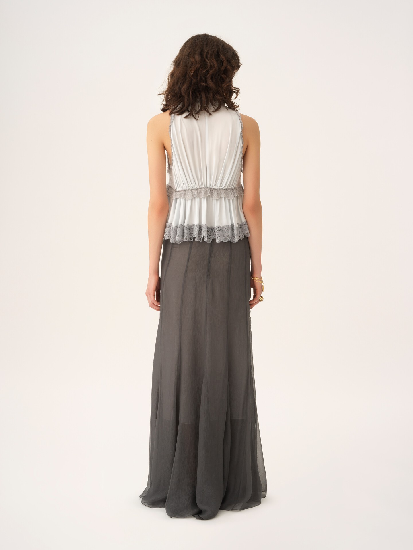 Tie-front sleeveless top in washed silk satin & lace - 5