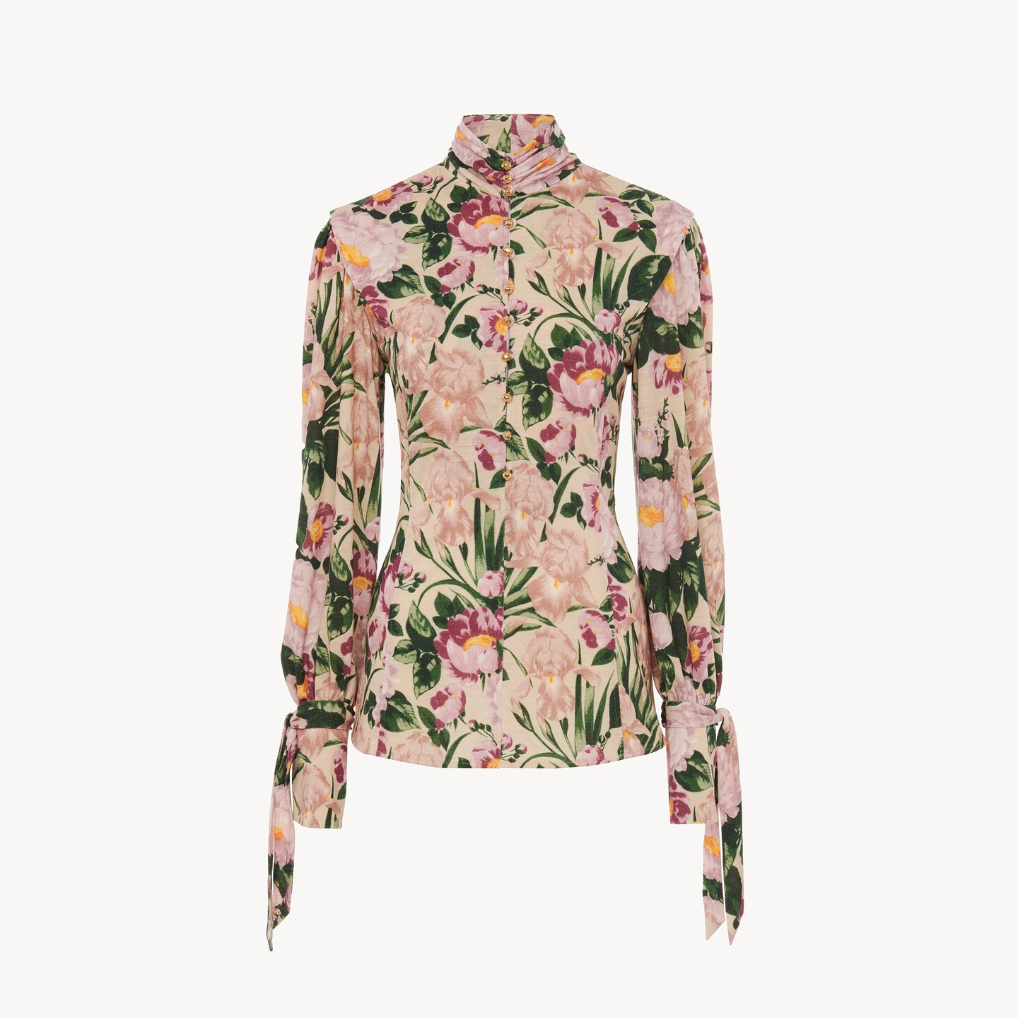 Buttoned mock-neck top in wool jersey - 8