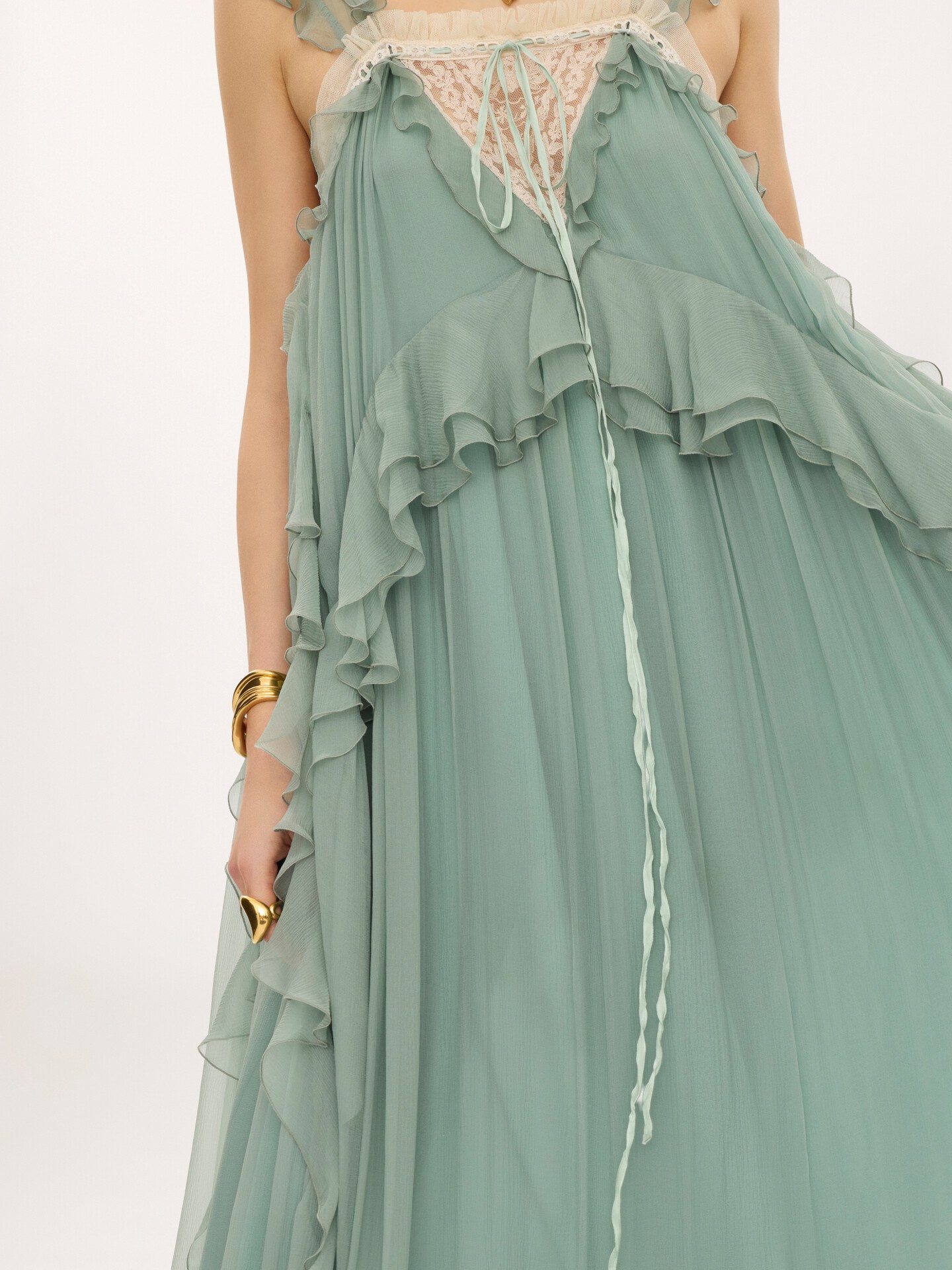 Sleeveless layered long dress in silk mousseline & lace - 5