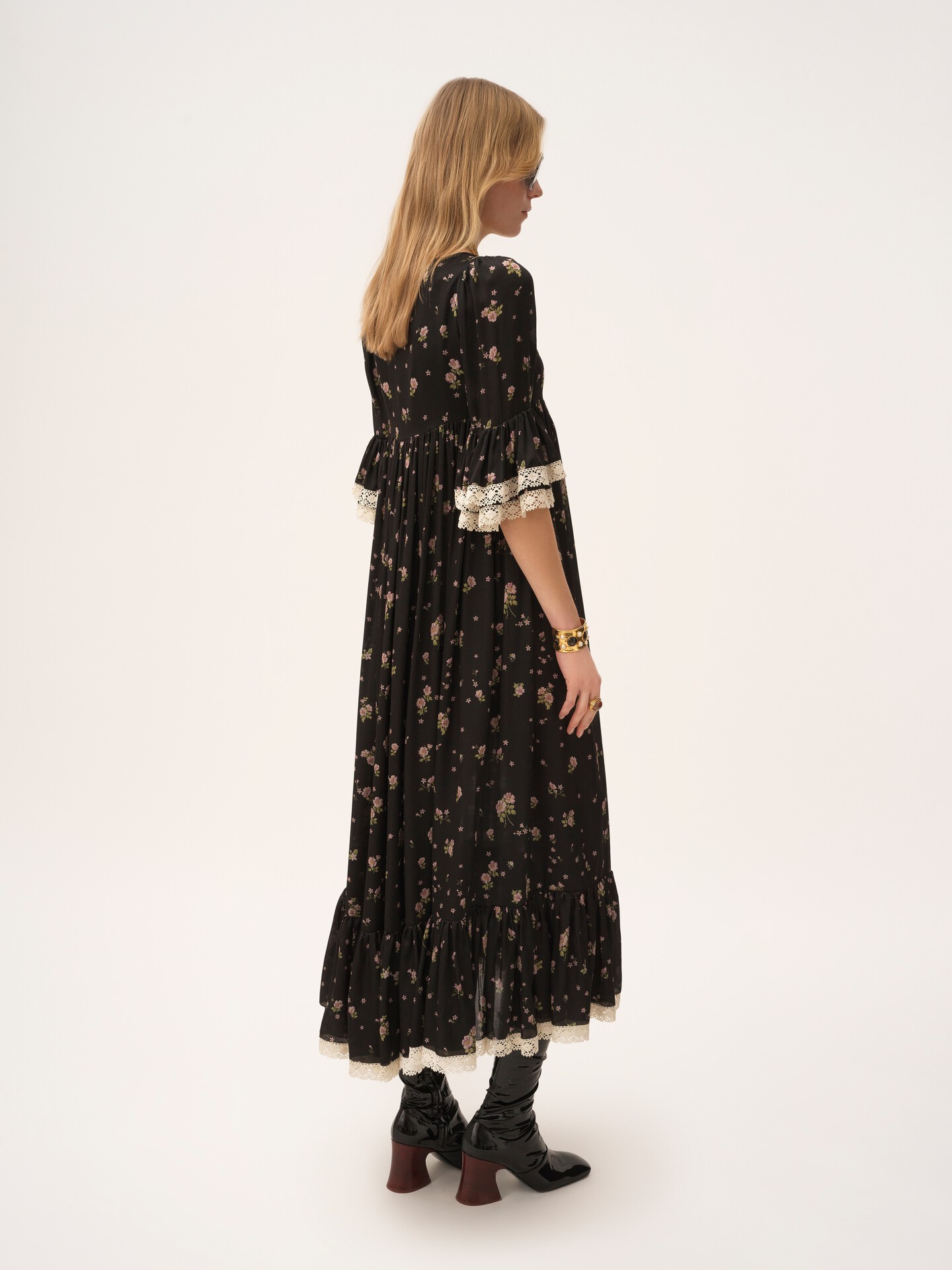 Scoop-neck midi dress in silk charmeuse & lace - 5