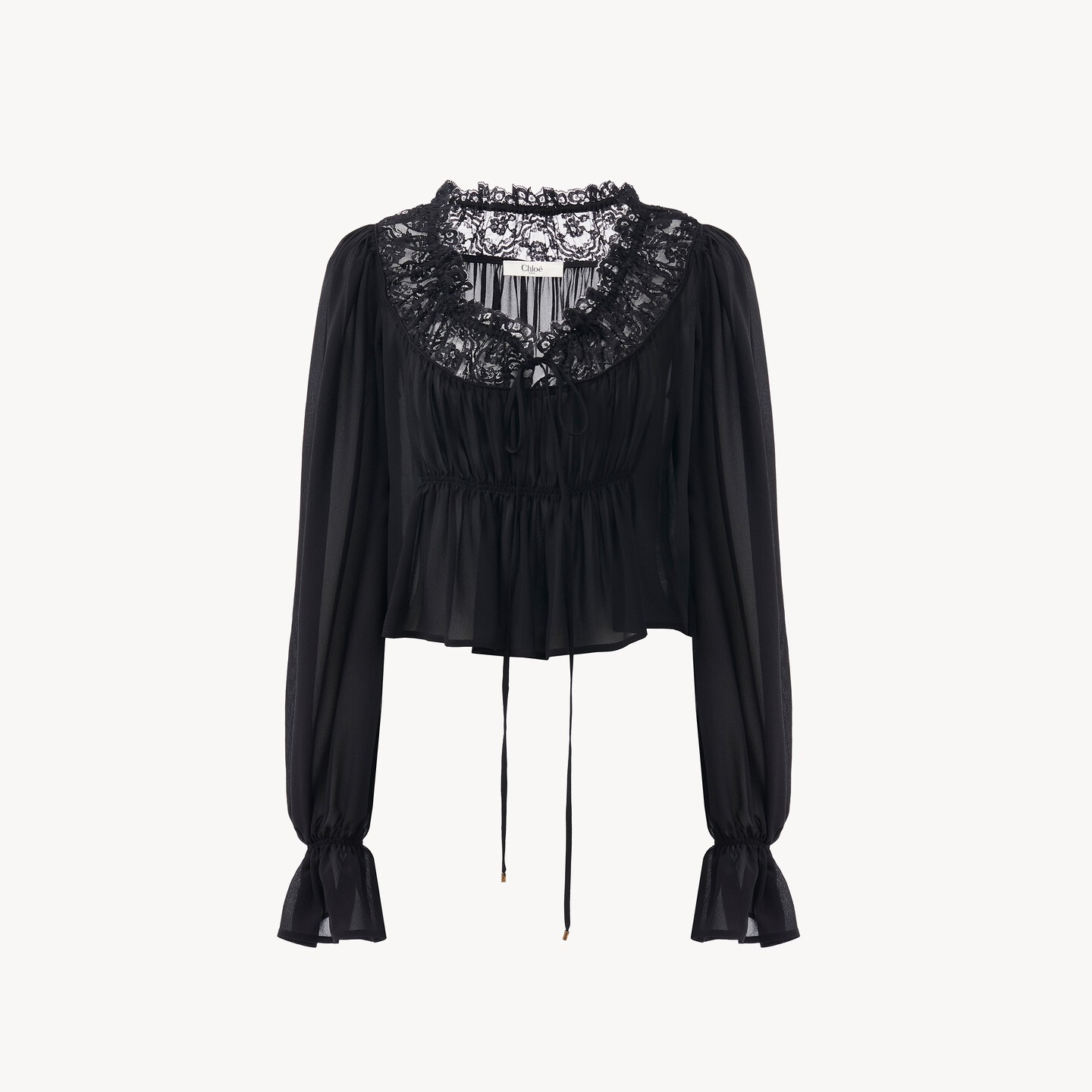Scoop-neck cropped top in silk georgette & lace - 8