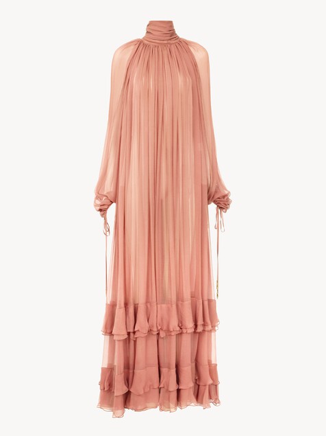 Gathered long dress in silk mousseline