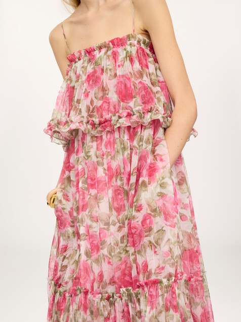 Thin-strap long dress in silk mousseline