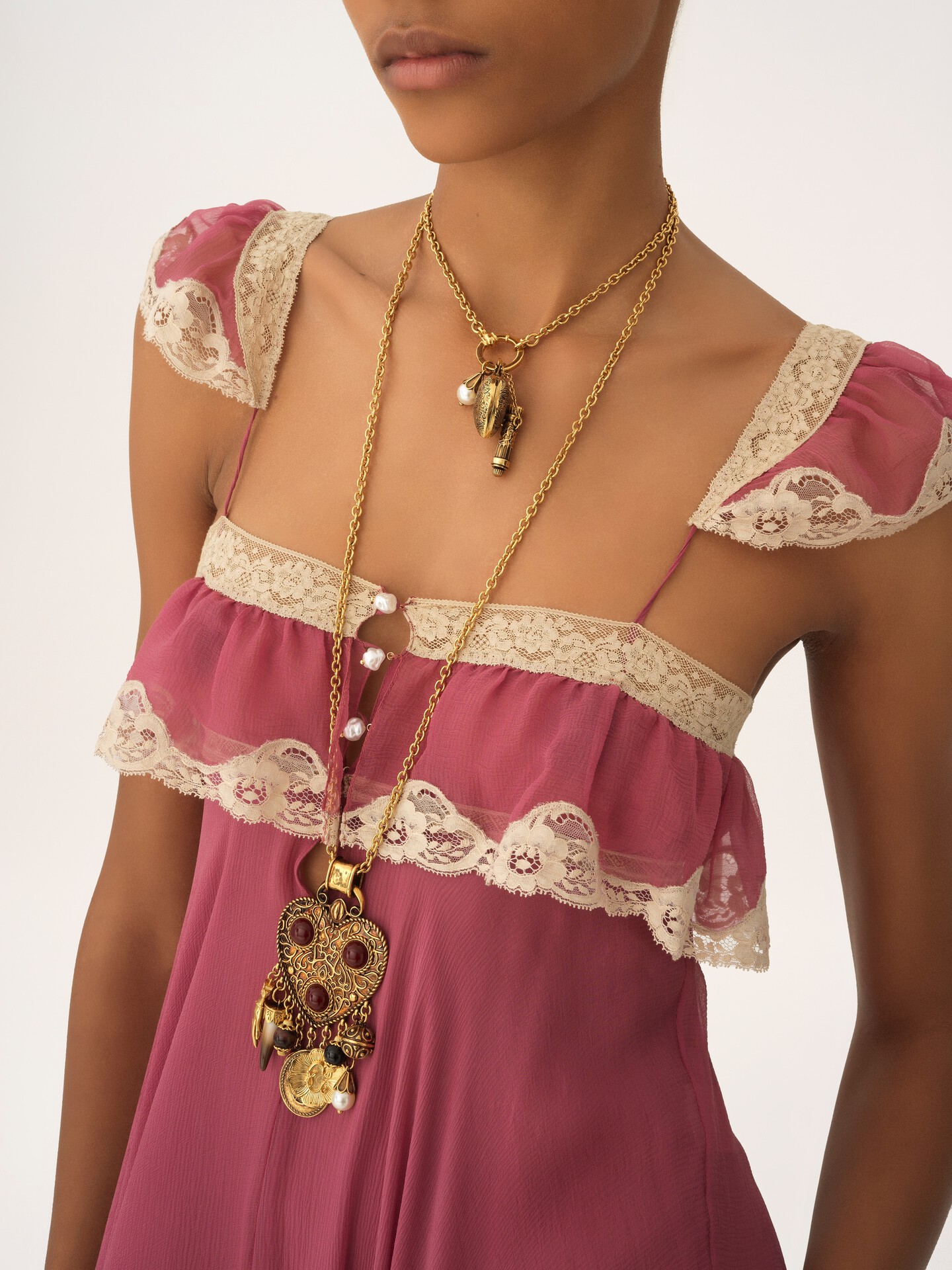 Fluid long dress in silk mousseline & lace - 7
