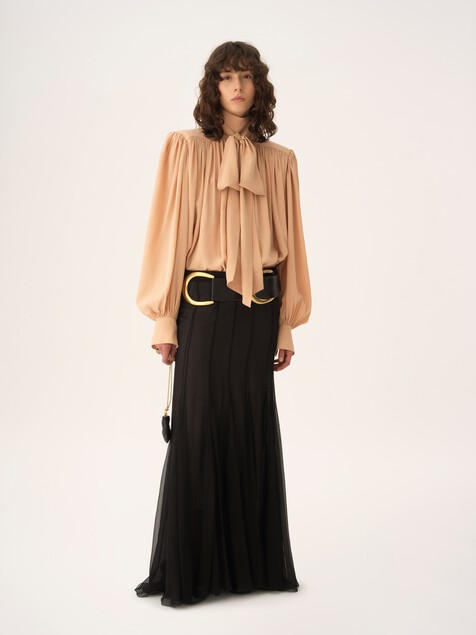 Oversized gathered lavallière blouse in crêpe de chine