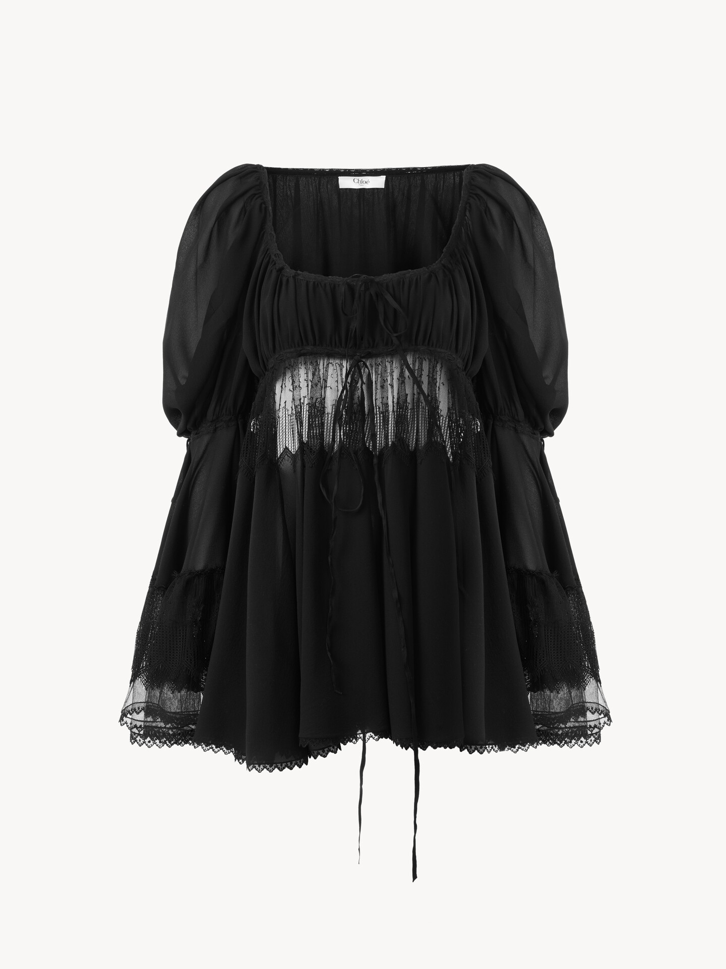 Scoop-neck puff-sleeve top in silk georgette & lace - 1