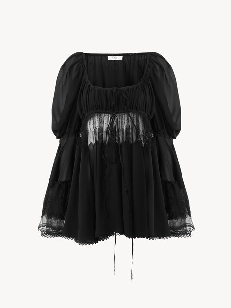 Scoop-neck puff-sleeve top in silk georgette & lace
