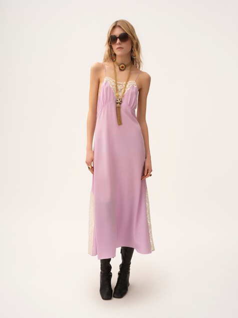 Thin-strap midi dress in crêpe de chine & lace