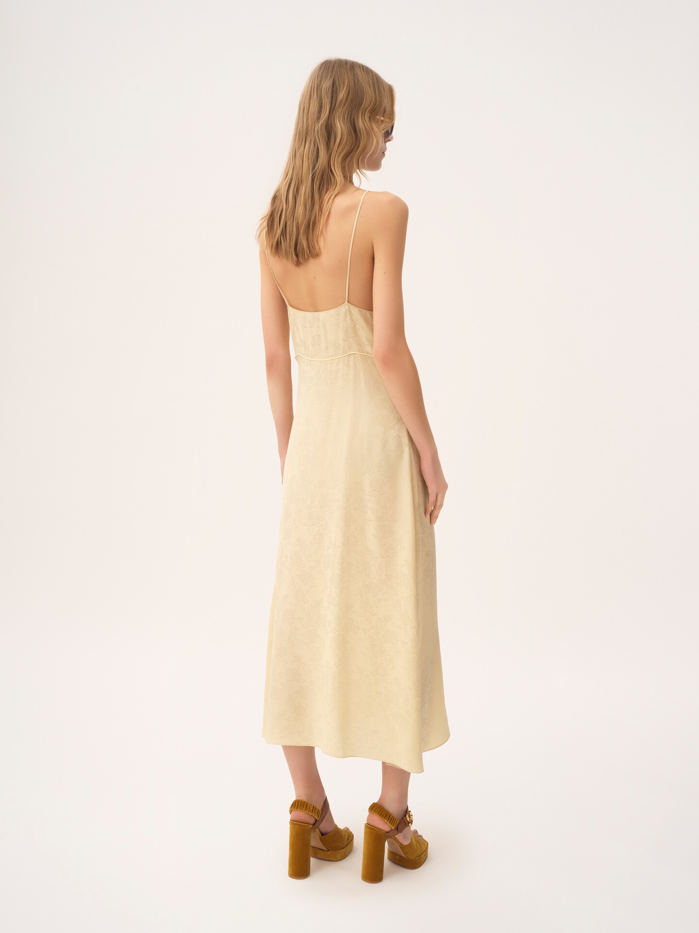 Thin-strap midi dress in silk jacquard & lace - 5