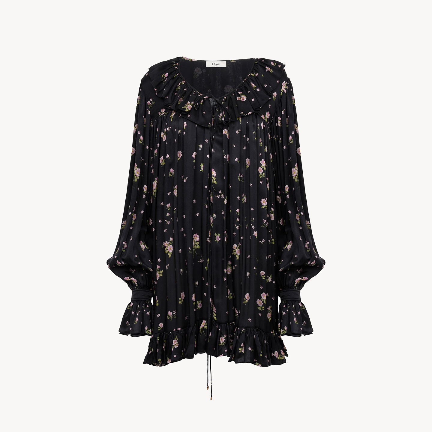 Gathered long-sleeve mini dress in silk charmeuse - 7