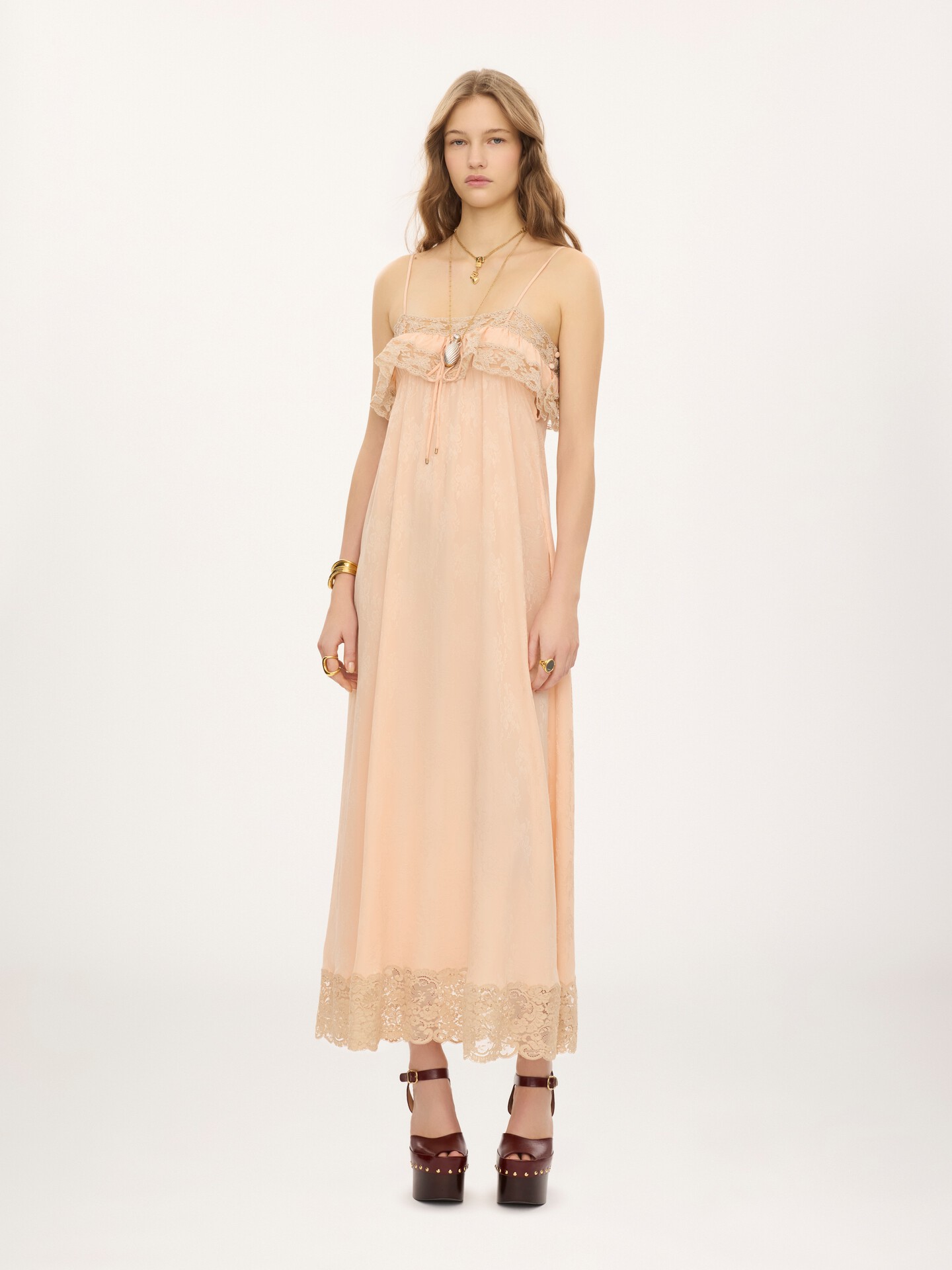 Thin-strap long dress in silk jacquard & lace - 3