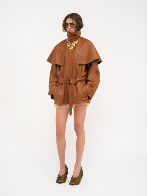 Short cape trench coat in soft glossy leather