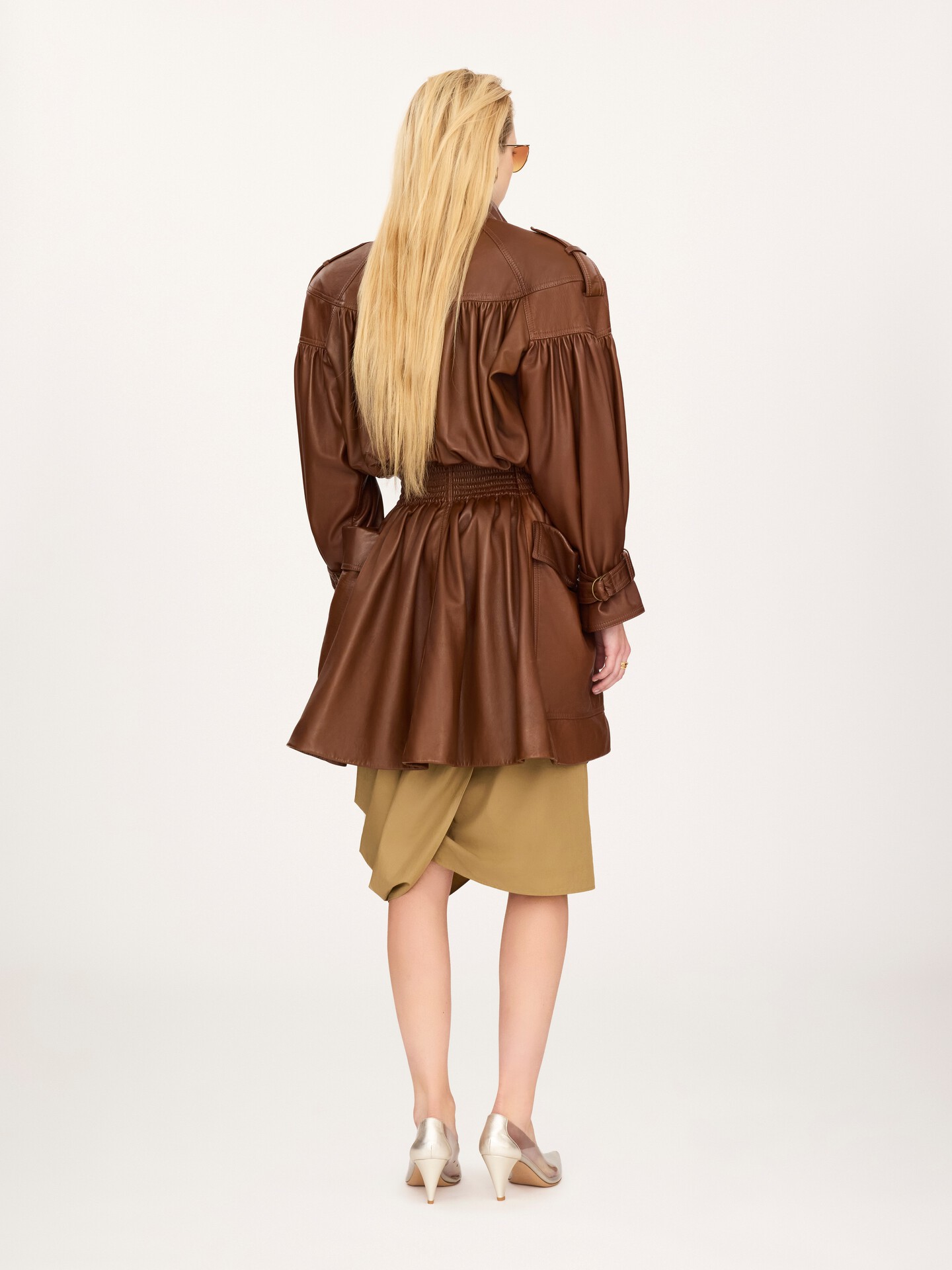 High-neck puff-sleeve leather coat - 4