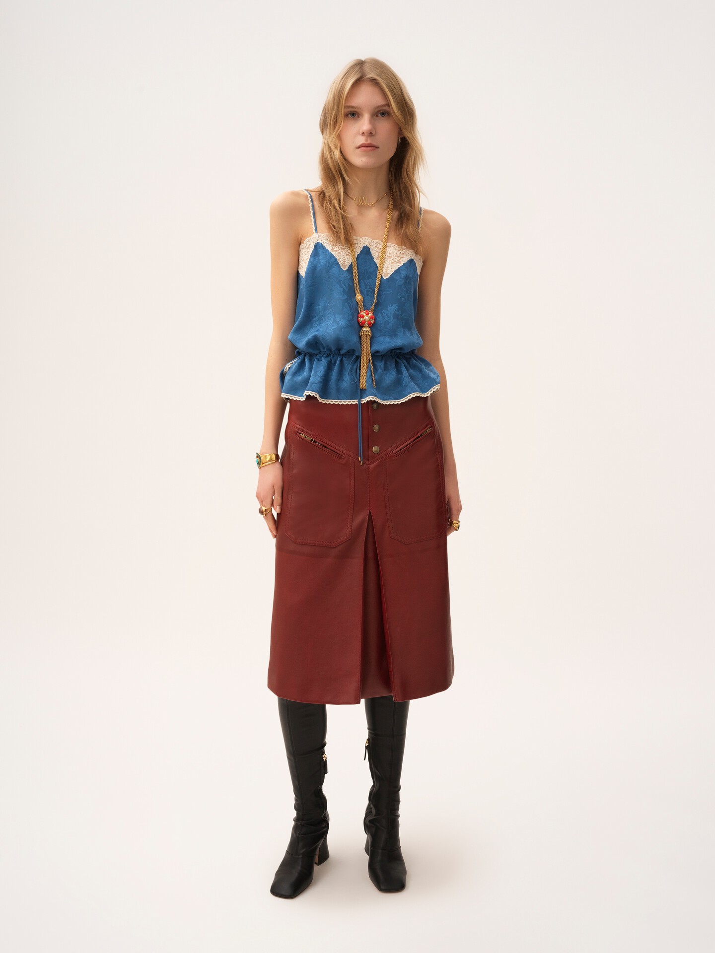 Drawstring camisole top in silk jacquard & lace - 3