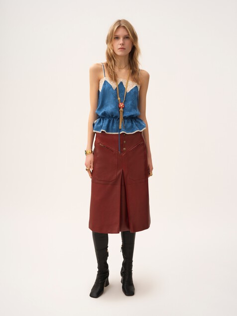 Drawstring camisole top in silk jacquard & lace