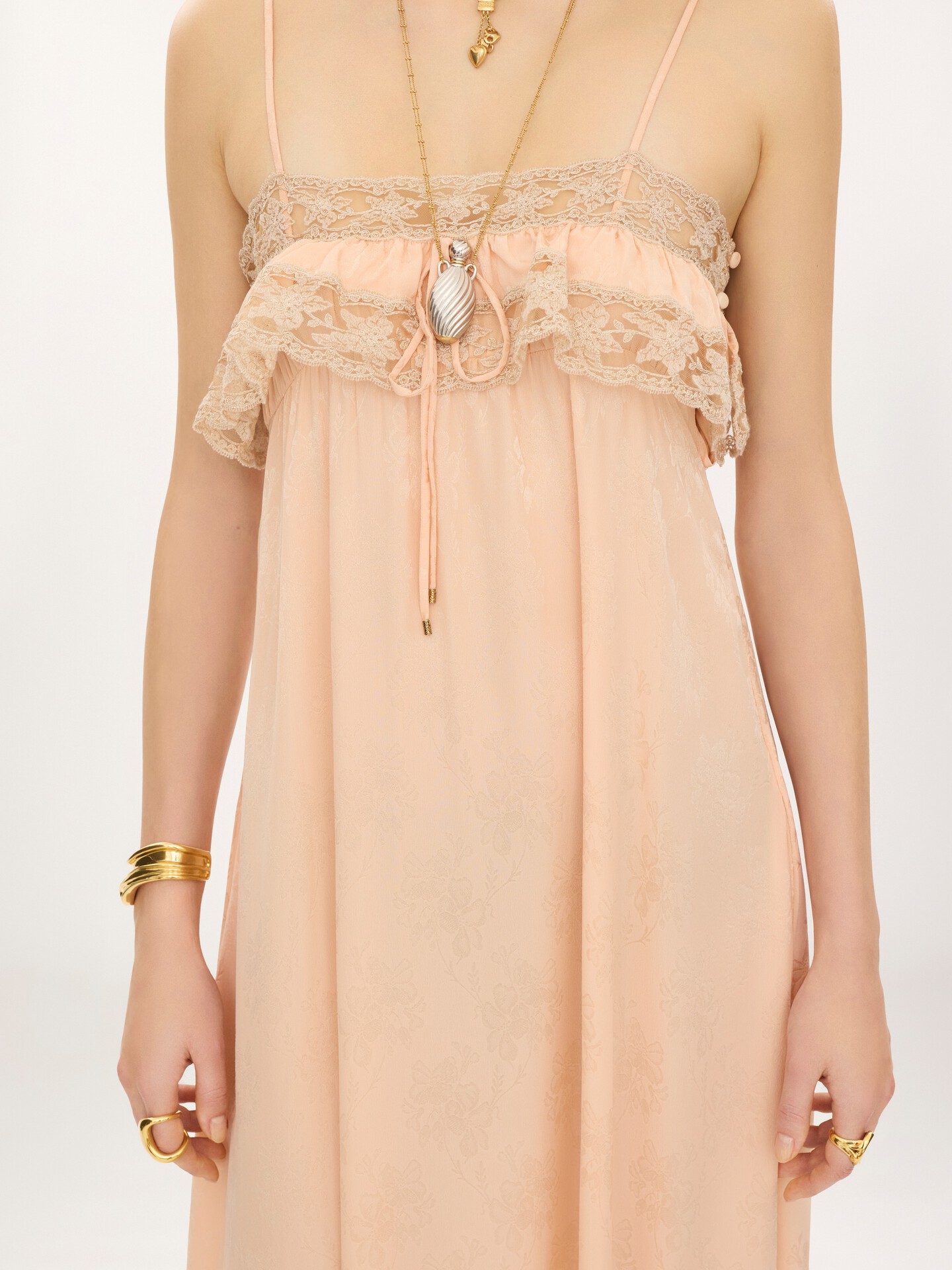 Thin-strap long dress in silk jacquard & lace - 6