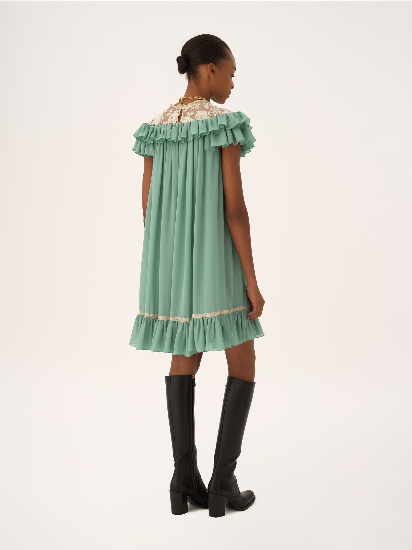 Short-sleeve mini dress in silk georgette & lace - 5