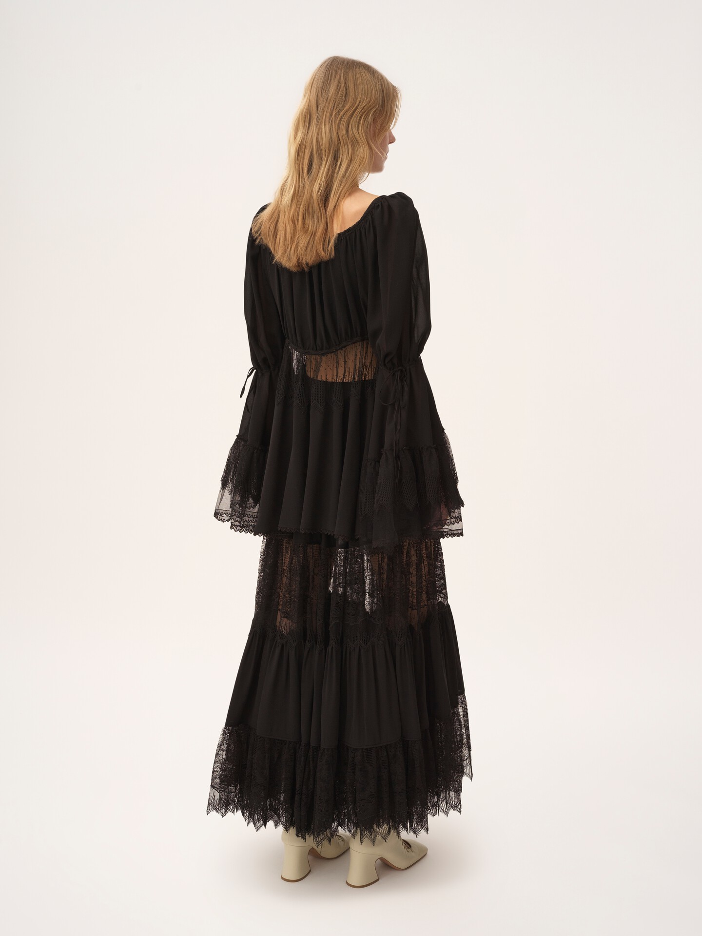 Tiered long skirt in silk georgette & lace - 5