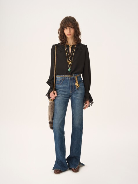 Fluid blouse in crêpe de chine & lace