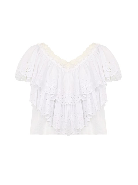 Cropped V-neck ruffle top in cotton voile & lace