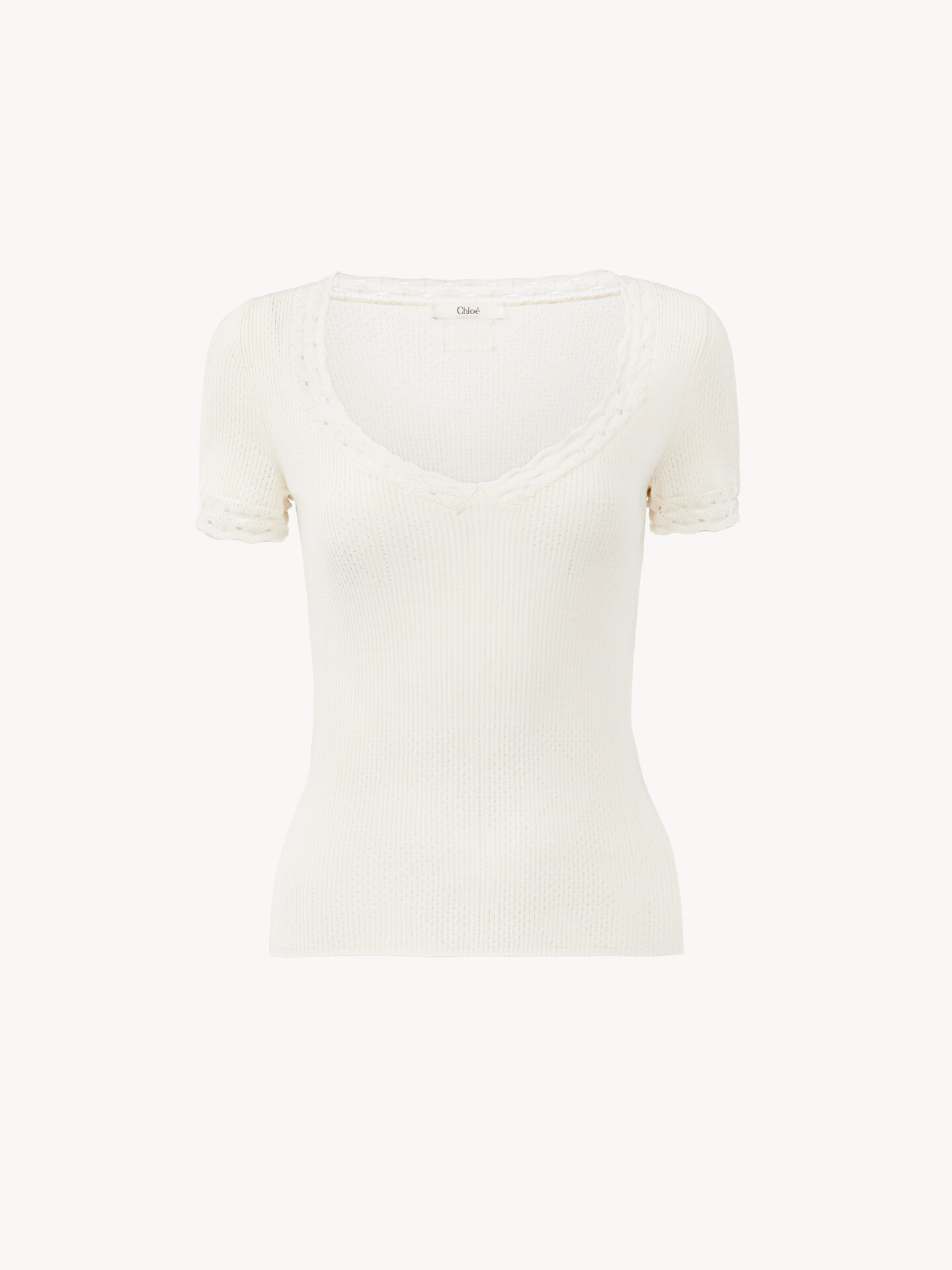 Scoop-neck fitted top in a wool knit & lace - 1