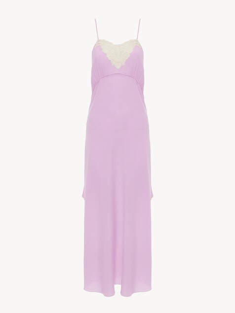 Thin-strap midi dress in crêpe de chine & lace