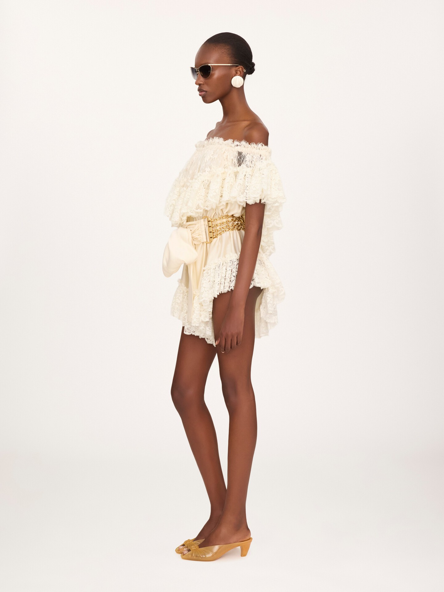 Mini off-the-shoulder playsuit in washed silk satin & lace - 6