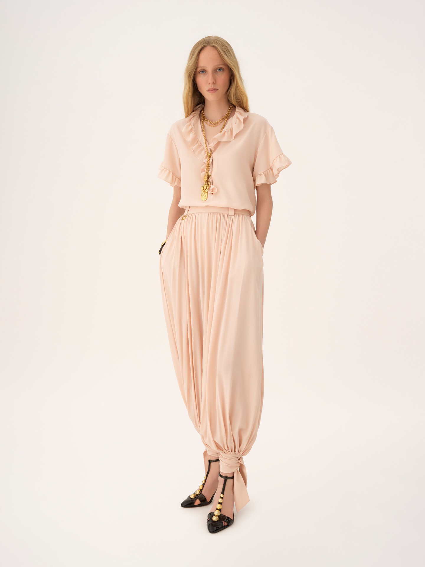 Short-sleeve ruffled top in cr&ecirc;pe de chine - 3