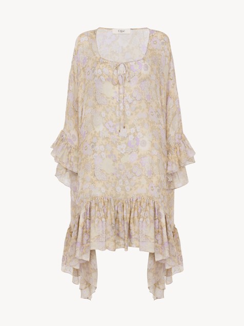 Knee-length ruffled kaftan in silk charmeuse